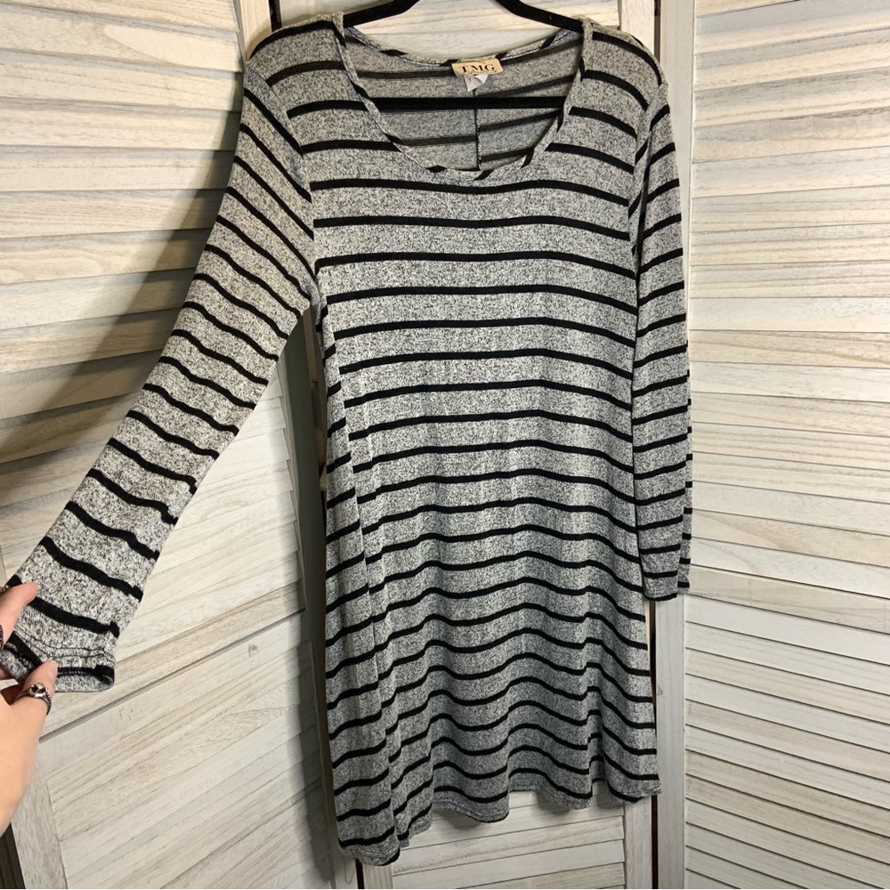 TMG Gray and Black Striped Print Long Sleeve T Shirt Midi Dress L